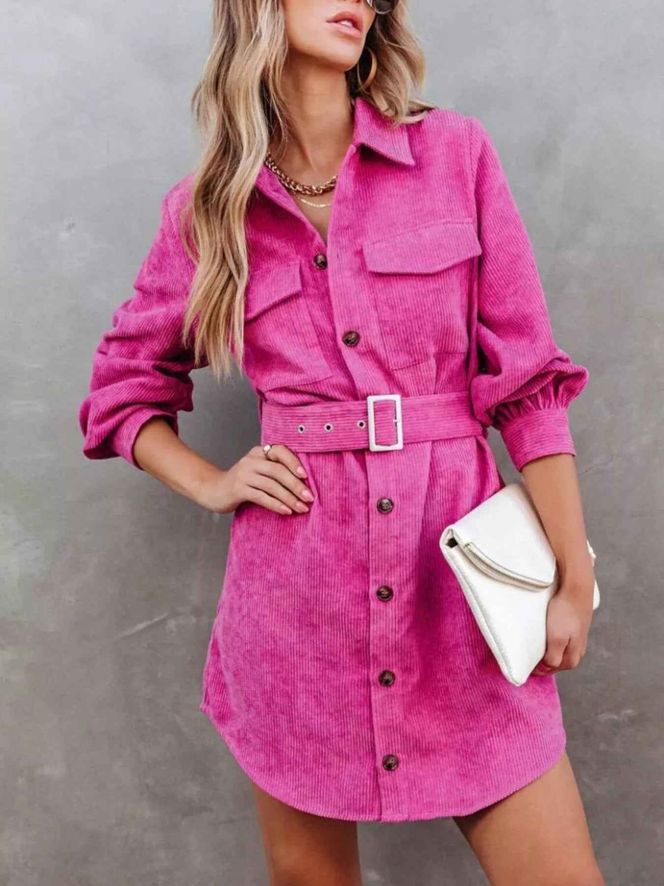 Stylish Button Front Belt Long Sleeve : Corduroy Dress