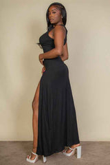 Plunge Neck Thigh Split Dress