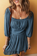 Solid Ruched Frilled Neck 3/4 Sleeve Dress