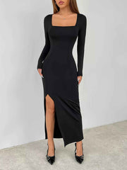 Square Neck Long Sleeve Slit : Bodycon Maxi Dress