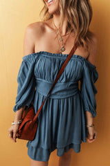 Solid Ruched Frilled Neck 3/4 Sleeve Dress