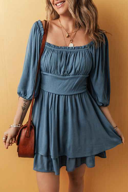 Solid Ruched Frilled Neck 3/4 Sleeve Dress