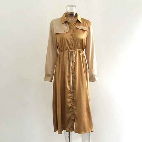 Elegant Khaki mid waist long sleeve dress autumn winter long female