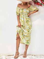Smocked Printed Puff Sleeve : Midi Dress