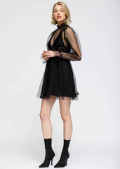 Women's Polka Dot Mesh Smocked Neck Flare Dress In Black