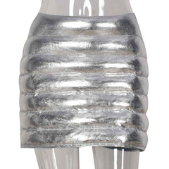 Silver Women's Puffer Skirt Metallic Shiny Solid Warm Quilted Mini