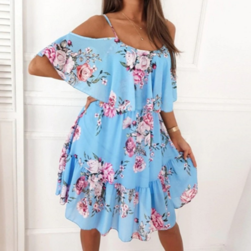 Women Cold Shoulder Ruffle Chiffon Beach Dress - Mağazam