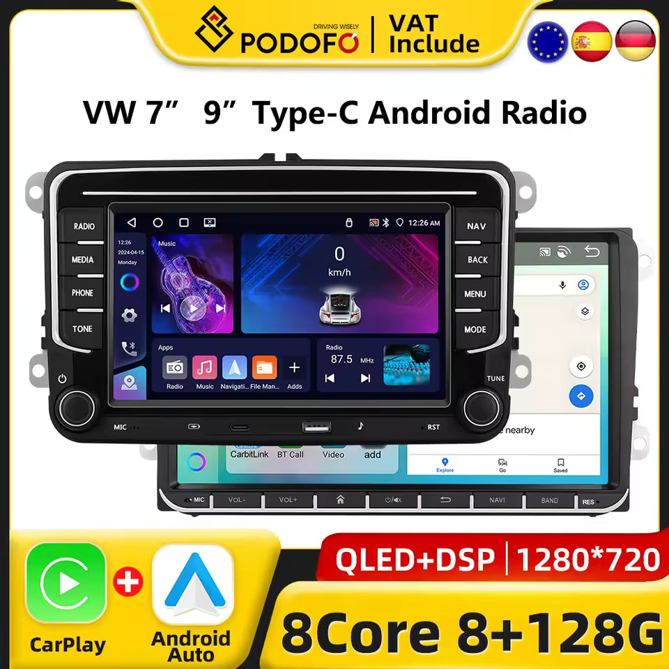 Podofo 7" 9" CarPlay Android Car Radio For Volkswagen VW Golf Passat JETTA Skoda SEAT Car Intelligent System 2din GPS Autoradio Mağazam
