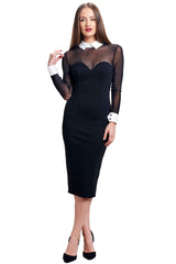Tuxedo Illusion Sheath Dress - Long Sleeve Midi Dress, Black & White