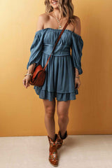 Solid Ruched Frilled Neck 3/4 Sleeve Dress