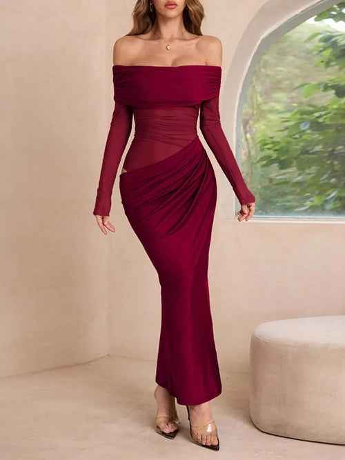 Off-Shoulder Long Sleeve Ruched : Bodycon Maxi Dress