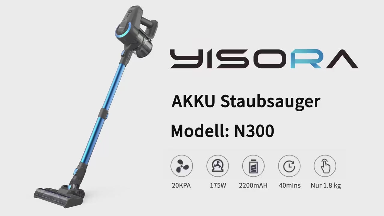 YISORA N300 Akku-Staubsauger, 20 kPa, ultraleichter Stabstaubsauger für Teppiche, Hartböden, Auto, Tierhaare