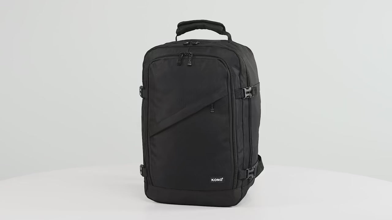 Kono Kabinentasche 40x20x25 cm für Ryanair Untersitz Handgepäck Rucksack, Kabinengröße 20L, Schwarz, Minimalistisch