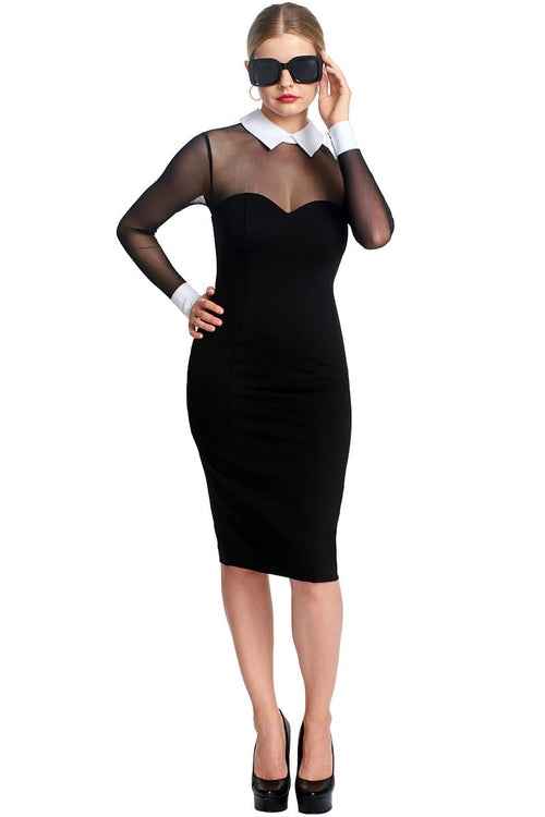 Tuxedo Illusion Sheath Dress - Long Sleeve Midi Dress, Black & White