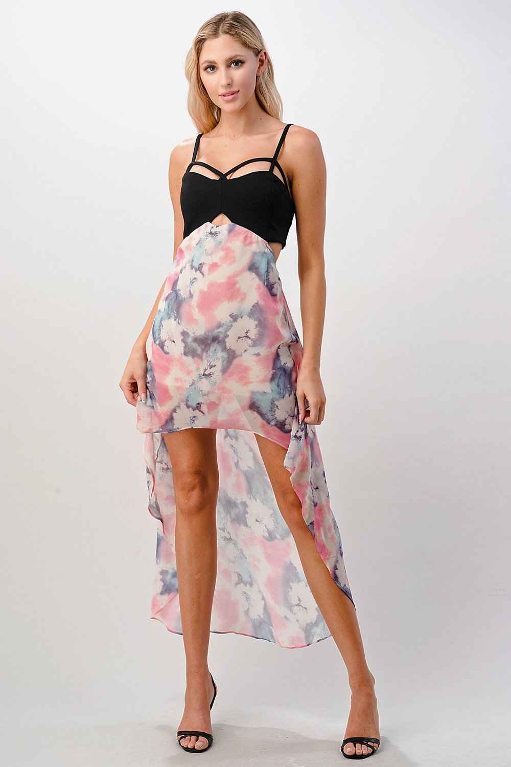Strappy Bodice Tie-Dye High-Low Dress