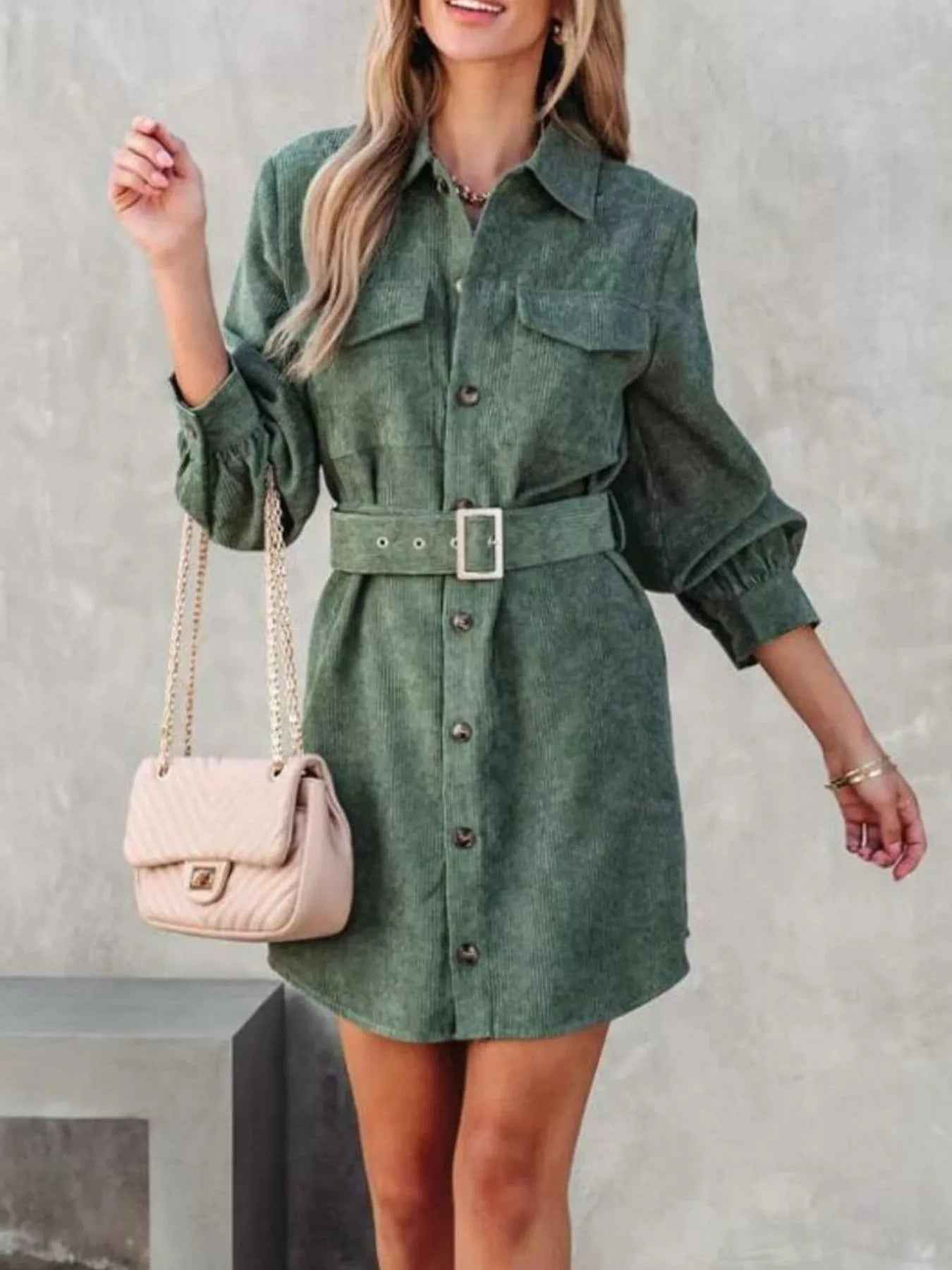 Stylish Button Front Belt Long Sleeve : Corduroy Dress