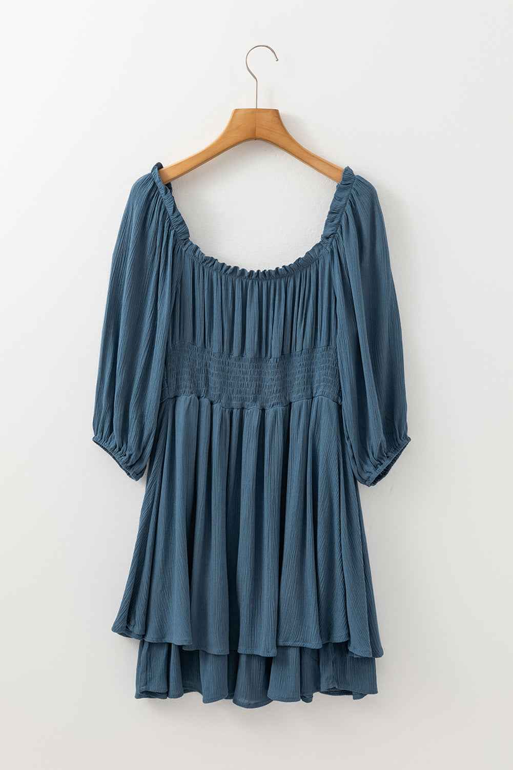 Solid Ruched Frilled Neck 3/4 Sleeve Dress