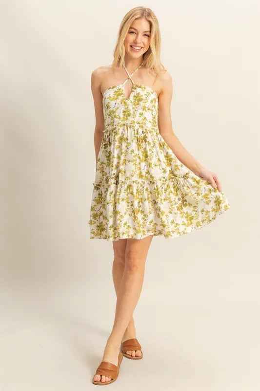 HYFVE Floral Print Halter Neck Tiered Mini Dress