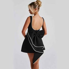 Fashion Big-Bowed Pearls Backless Dress Summer Slim Sleeveless A-line