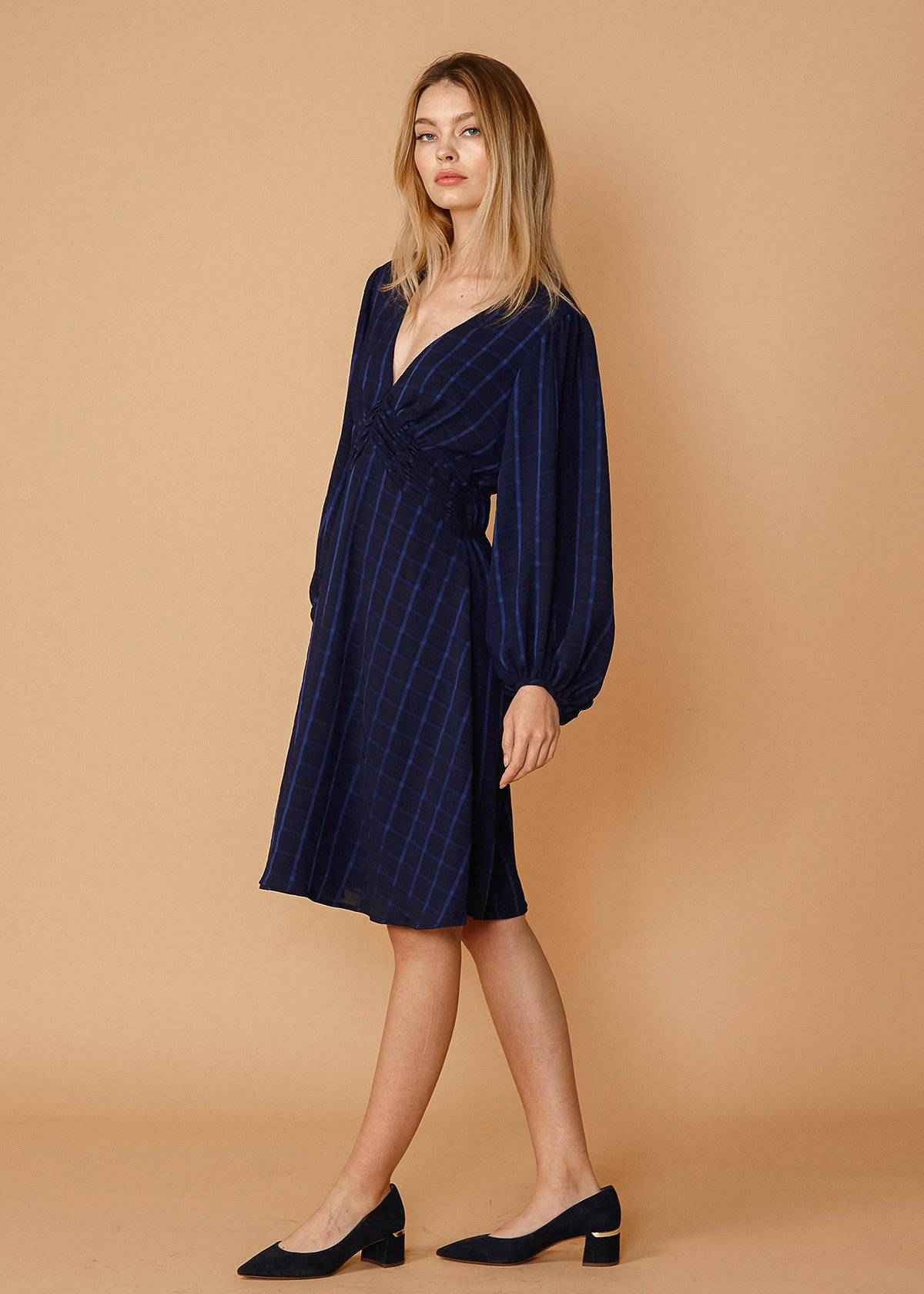 V-neck Checkered Dress in Night Plaid