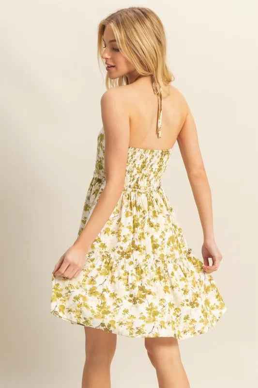 HYFVE Floral Print Halter Neck Tiered Mini Dress