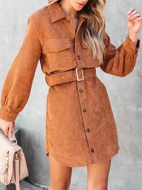 Stylish Button Front Belt Long Sleeve : Corduroy Dress