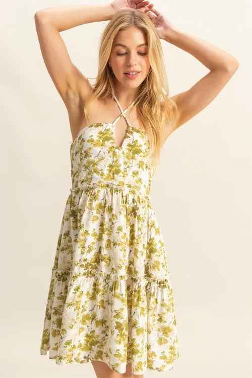 HYFVE Floral Print Halter Neck Tiered Mini Dress