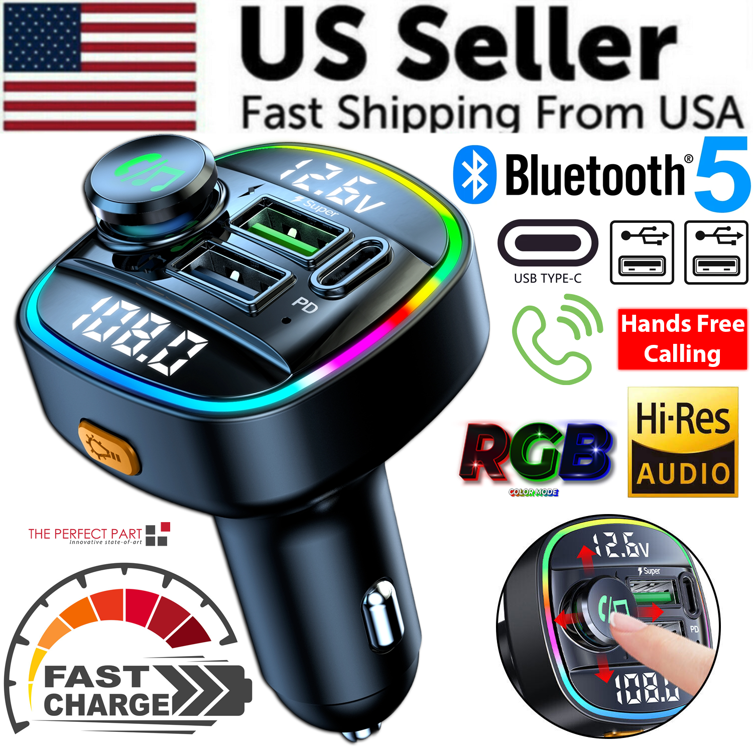 Bluetooth 5.0 Car Wireless FM Transmitter Adapter USB PD Charger AUX