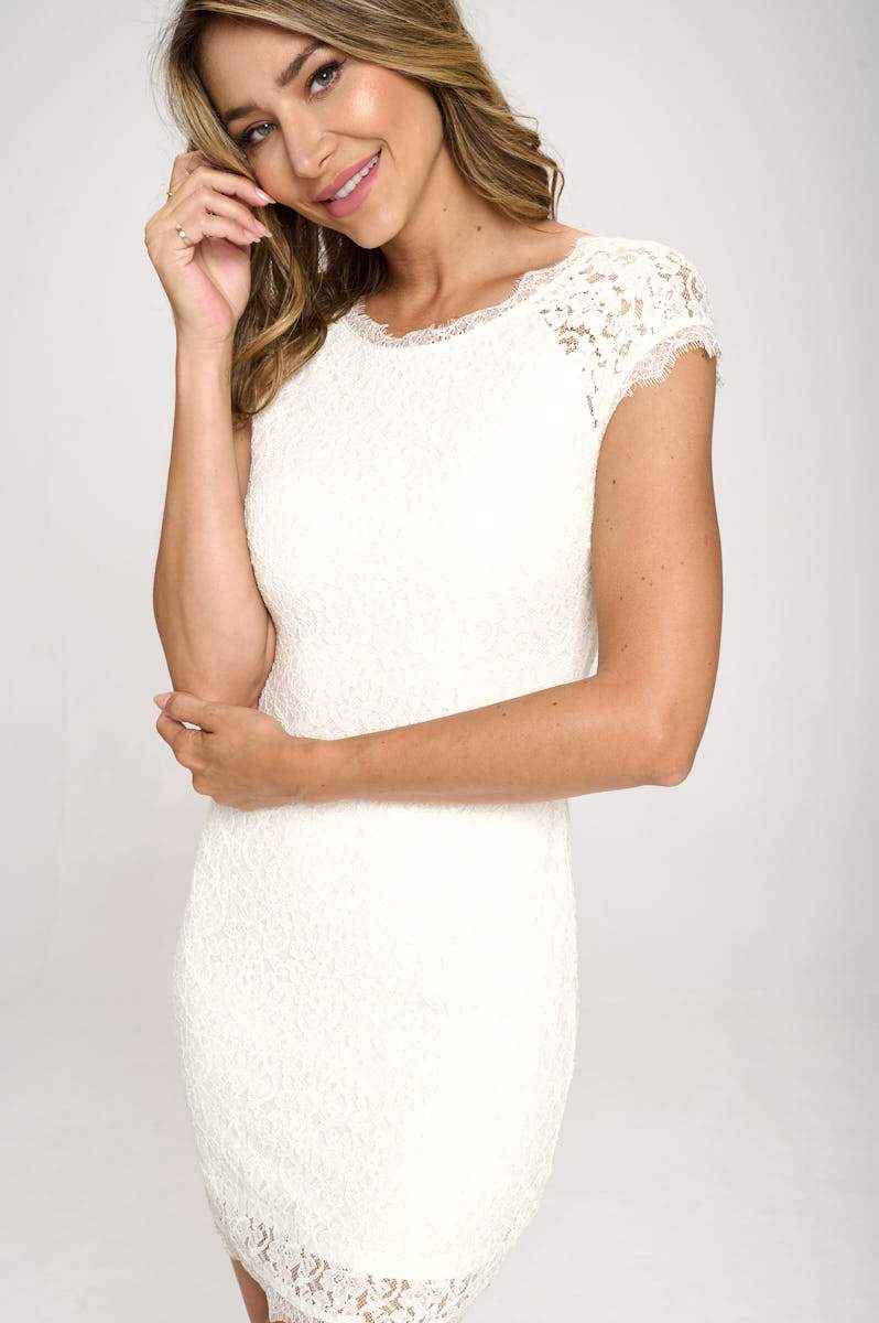 Elegant Cap Sleeve Lace Bodycon Dress with Scalloped Hem