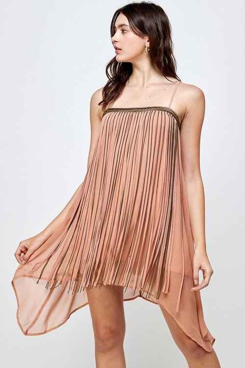 Flowy Sleeveless Mini Dress with Metallic Accents
