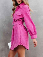 Stylish Button Front Belt Long Sleeve : Corduroy Dress