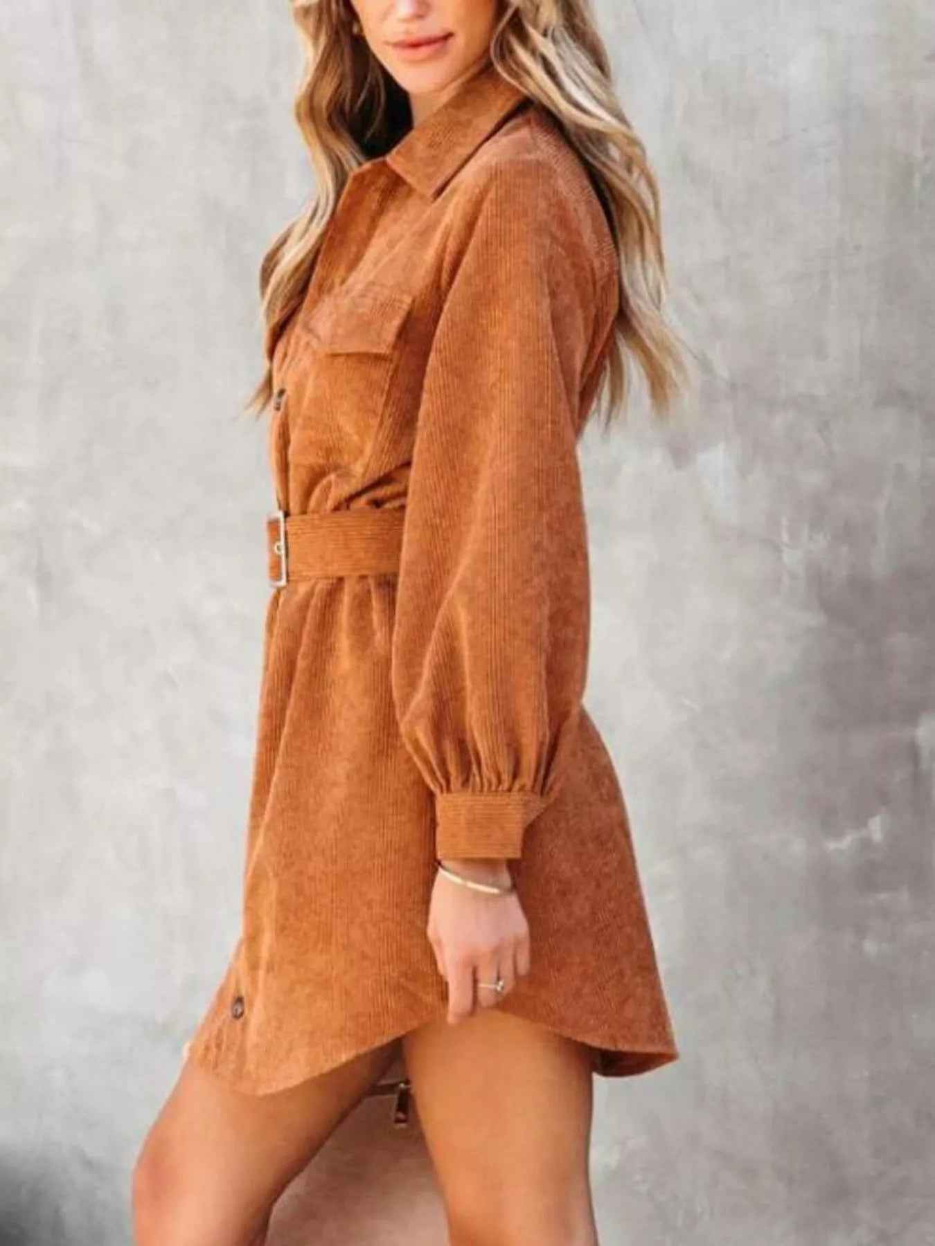 Stylish Button Front Belt Long Sleeve : Corduroy Dress
