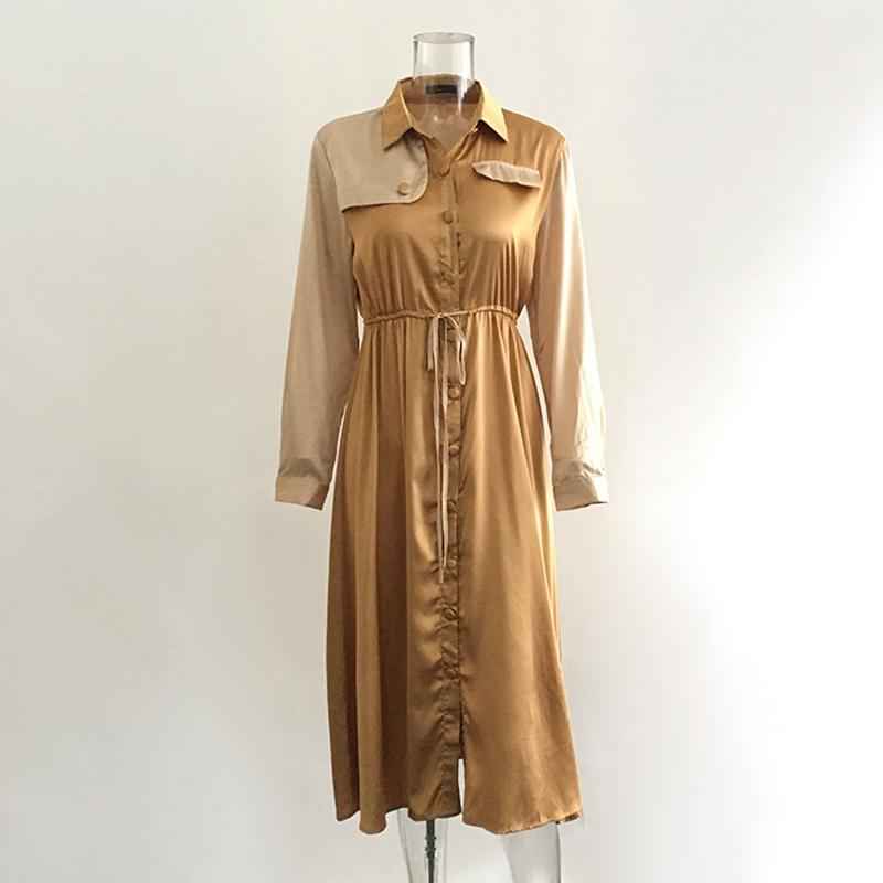 Elegant Khaki mid waist long sleeve dress autumn winter long female