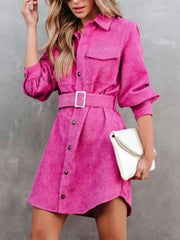 Stylish Button Front Belt Long Sleeve : Corduroy Dress