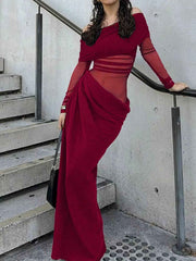 Off-Shoulder Long Sleeve Ruched : Bodycon Maxi Dress