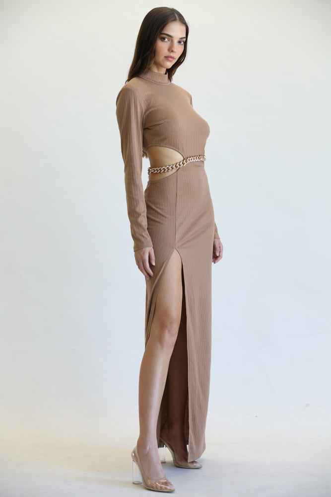 Sleek Chain-Belt Slit Dress