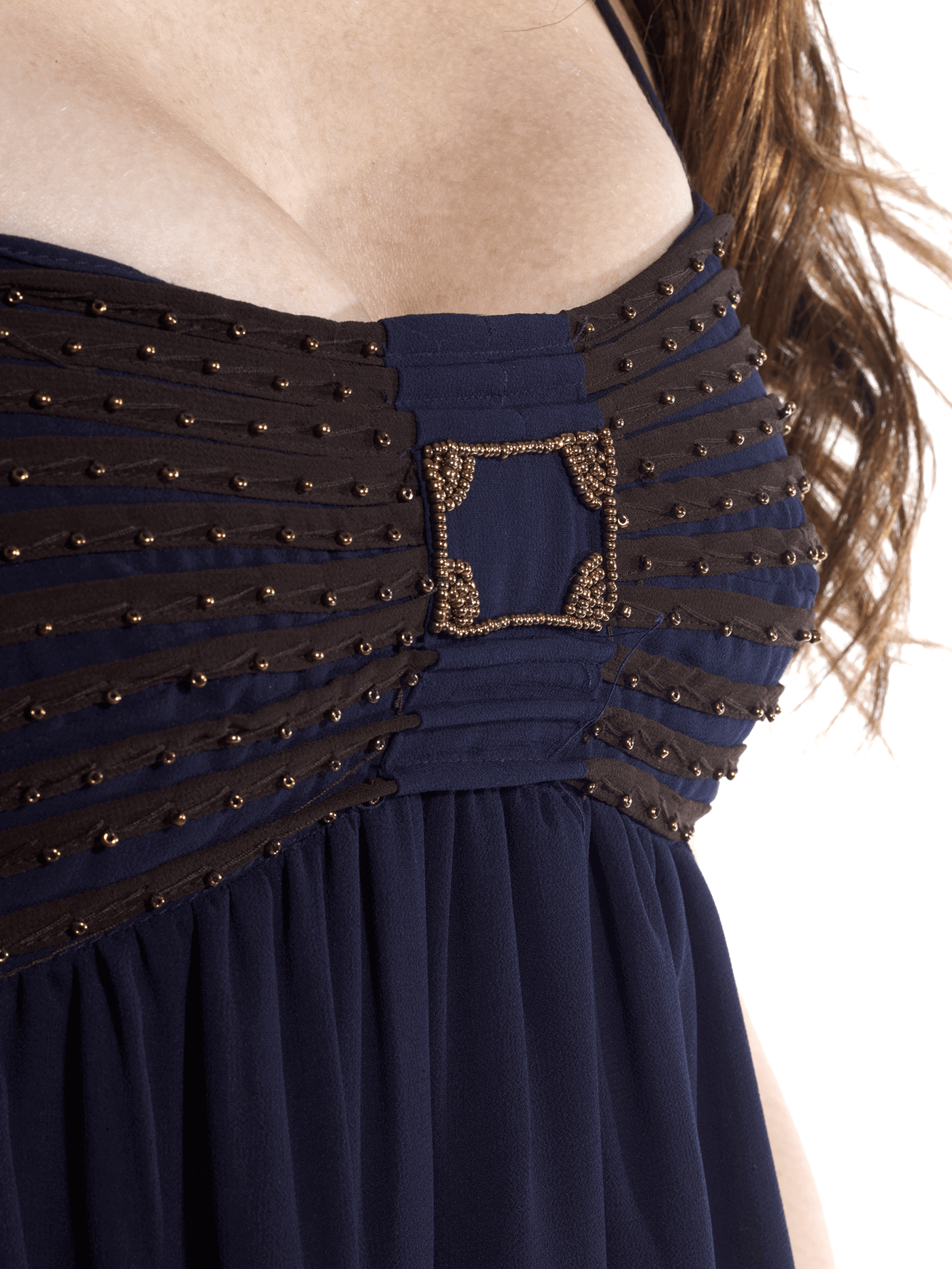 Blue Flowy Dress with Gold Embellishments - Mağazam