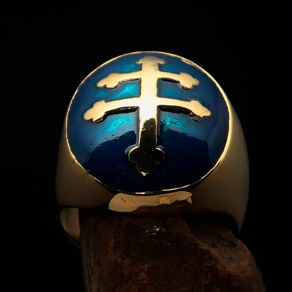 Excellent crafted oval domed Men's blue Cross Lorraine Ring - solid