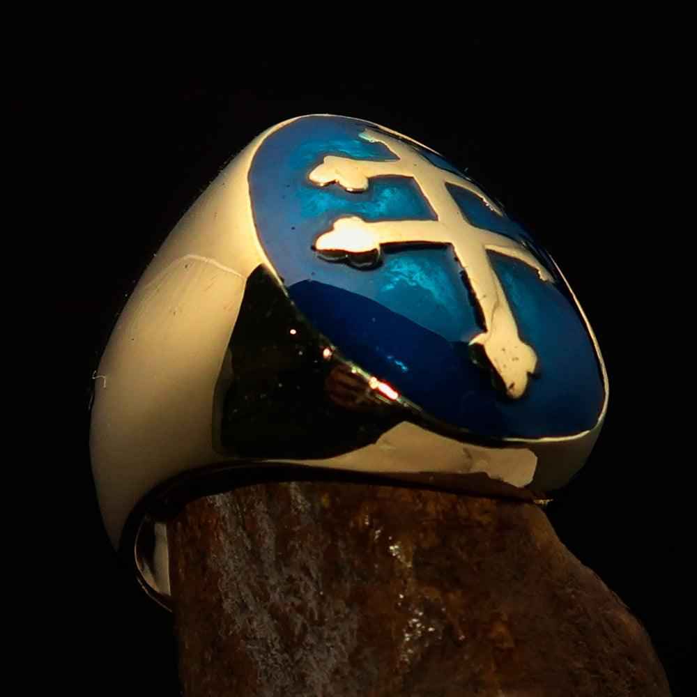 Excellent crafted oval domed Men's blue Cross Lorraine Ring - solid