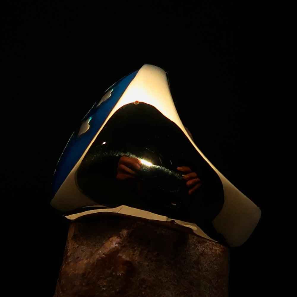 Excellent crafted oval domed Men's blue Cross Lorraine Ring - solid