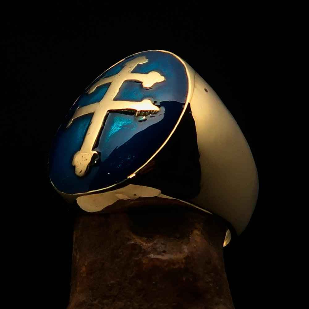 Excellent crafted oval domed Men's blue Cross Lorraine Ring - solid