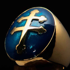 Excellent crafted oval domed Men's blue Cross Lorraine Ring - solid