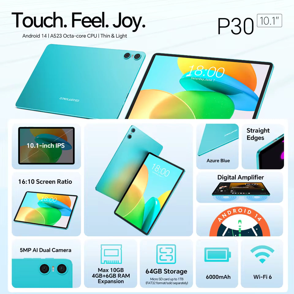 Teclast P30 Android 14 Tablet, UNISOC T606 Octa Core, 10,1" IPS, max. 12 GB RAM, 128 GB ROM, 6000 mAh, 5 MP AI-Kamera, Gesichtsentriegelung