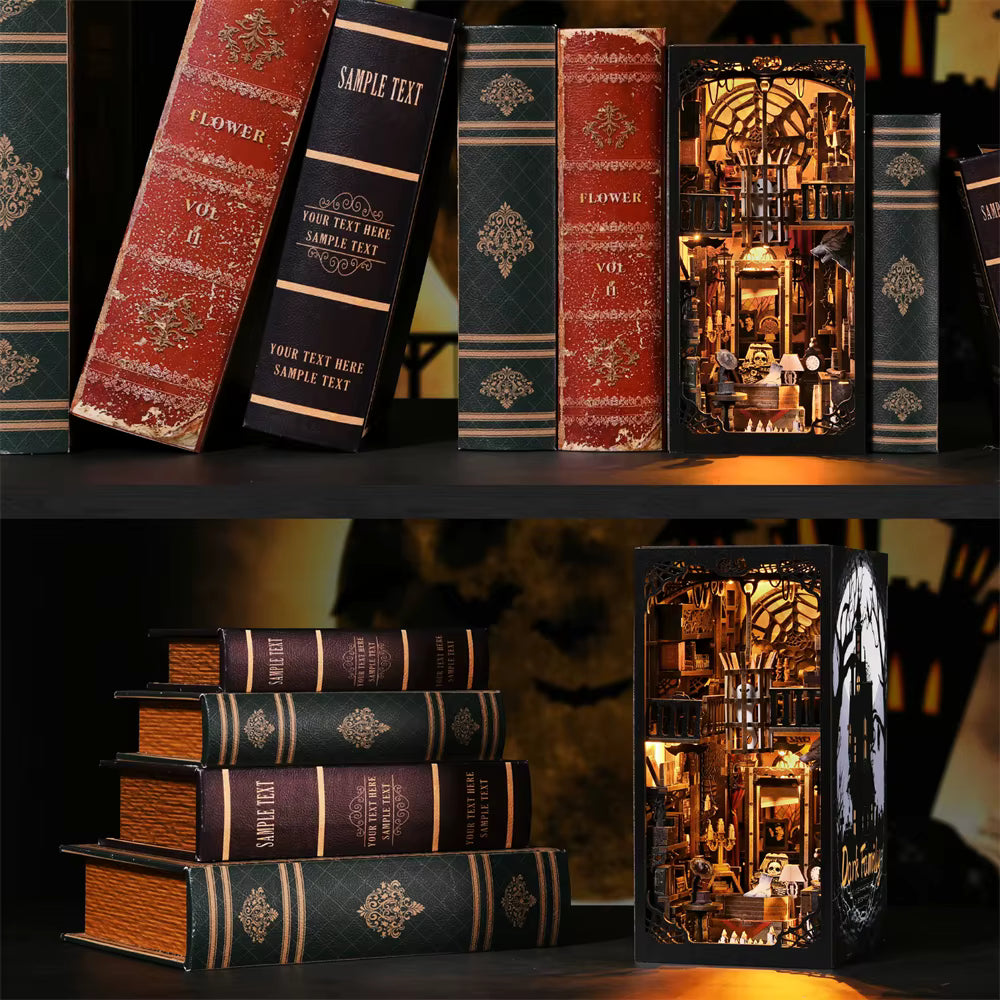 Book Nook Kit Dark Family DIY Holzpuzzle Gothic-Stil Halloween Bücherregal Puppenhaus Modell Buchstütze Gebäude Heimdekoration Mağazam