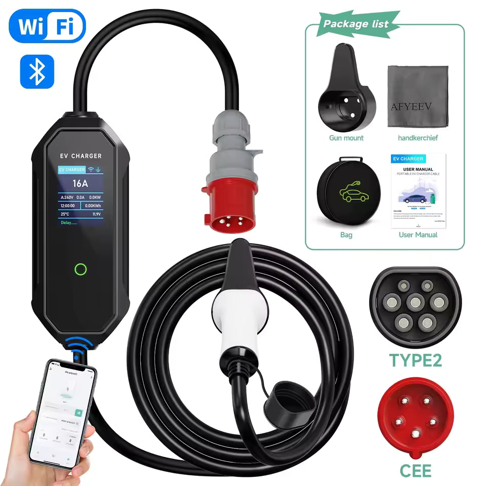 AFEEV Typ 2 Tragbares EV-Ladegerät 11 kW 16 A 3 Phasen Wallbox IEC62196-2 EVSE Schnellladekabel CEE-Stecker WIFI APP Bluetooth-Steuerung Mağazam