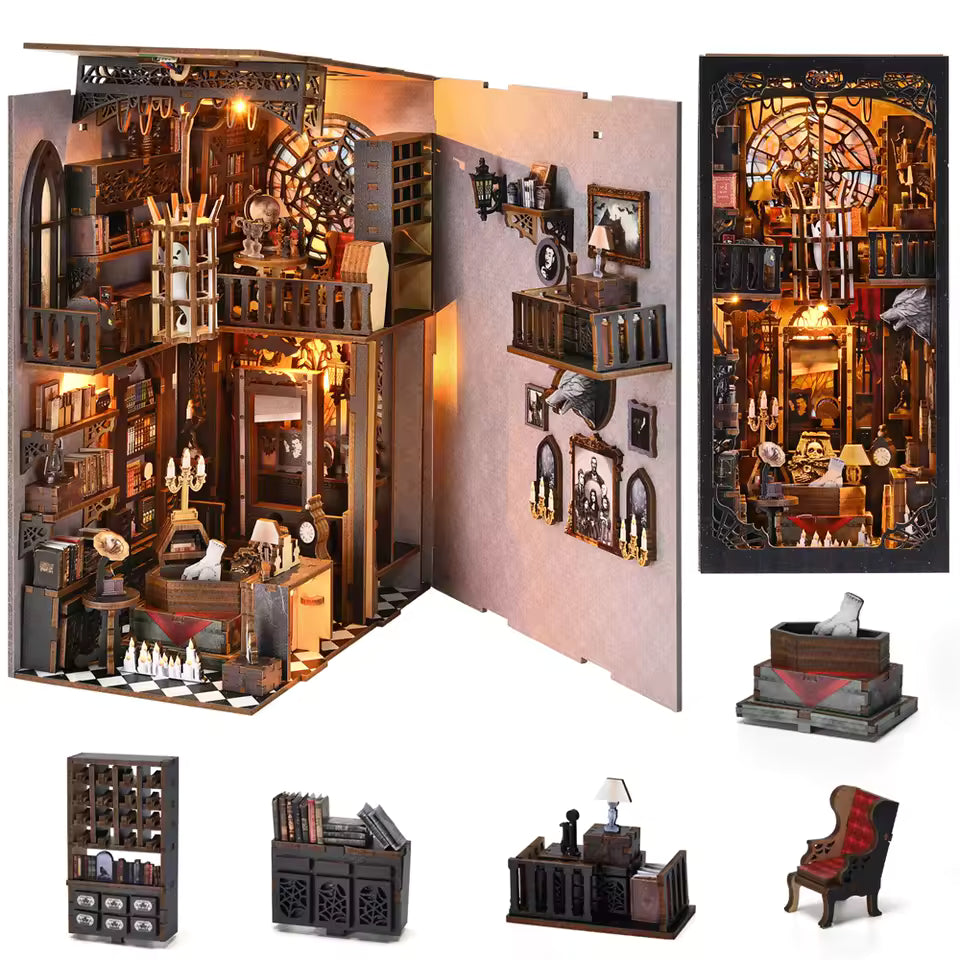 Book Nook Kit Dark Family DIY Holzpuzzle Gothic-Stil Halloween Bücherregal Puppenhaus Modell Buchstütze Gebäude Heimdekoration Mağazam