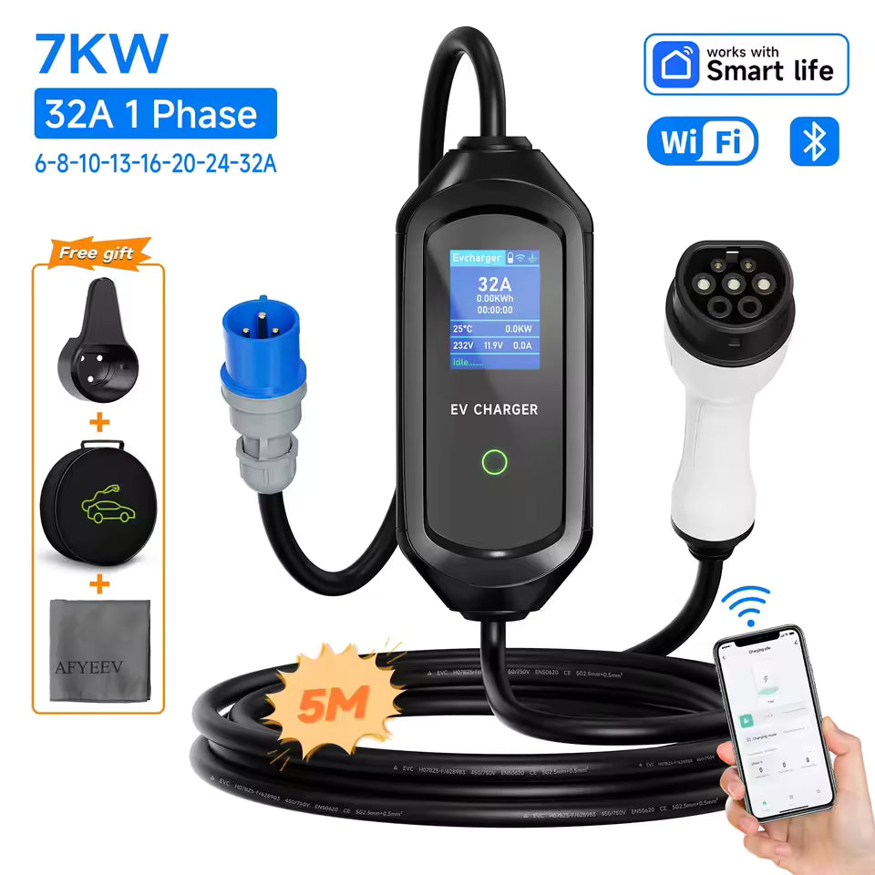 AFEEV 3,5/7 kW tragbares EV-Ladegerät Typ2 IEC62196-2 Elektroauto-Ladegerät 16 A EVSE Schnellladekabel WiFi APP Bluetooth-Steuerung Mağazam