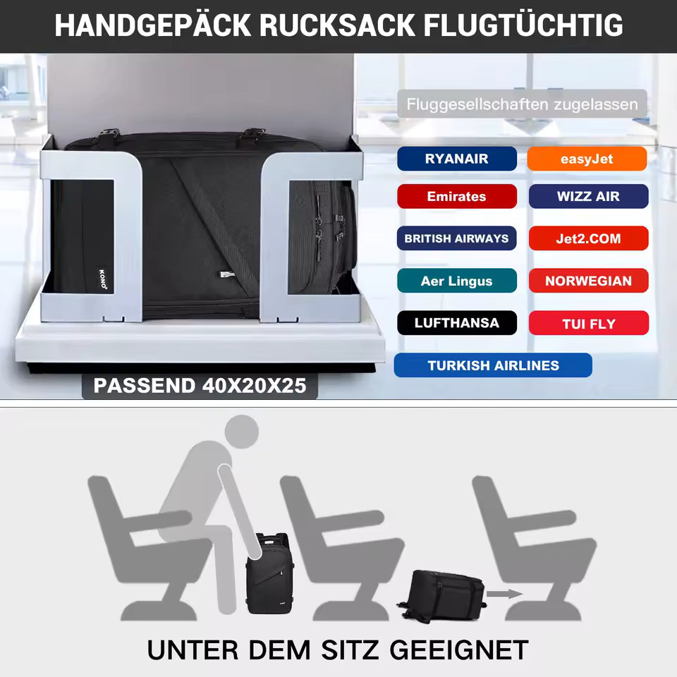 Kono Kabinentasche 40x20x25 cm für Ryanair Untersitz Handgepäck Rucksack, Kabinengröße 20L, Schwarz, Minimalistisch Mağazam