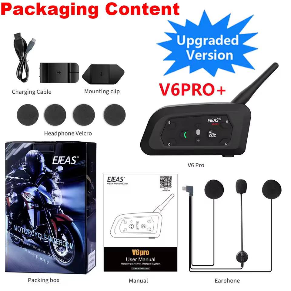 EJEAS V6 PRO+ Motorradhelm-Gegensprechanlage, Bluetooth-Headset, unterstützt EUC, CVC, Rauschunterdrückung, wasserdicht, IP67, Standby-Zeit 260 Stunden