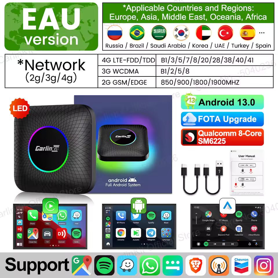CarlinKit 8G+128G Android 13 CarPlay TV AI Box Qualcomm 8-Cores Wireless Android Auto CarPlay Video Box FOTA Upgrade für Netflix Mağazam